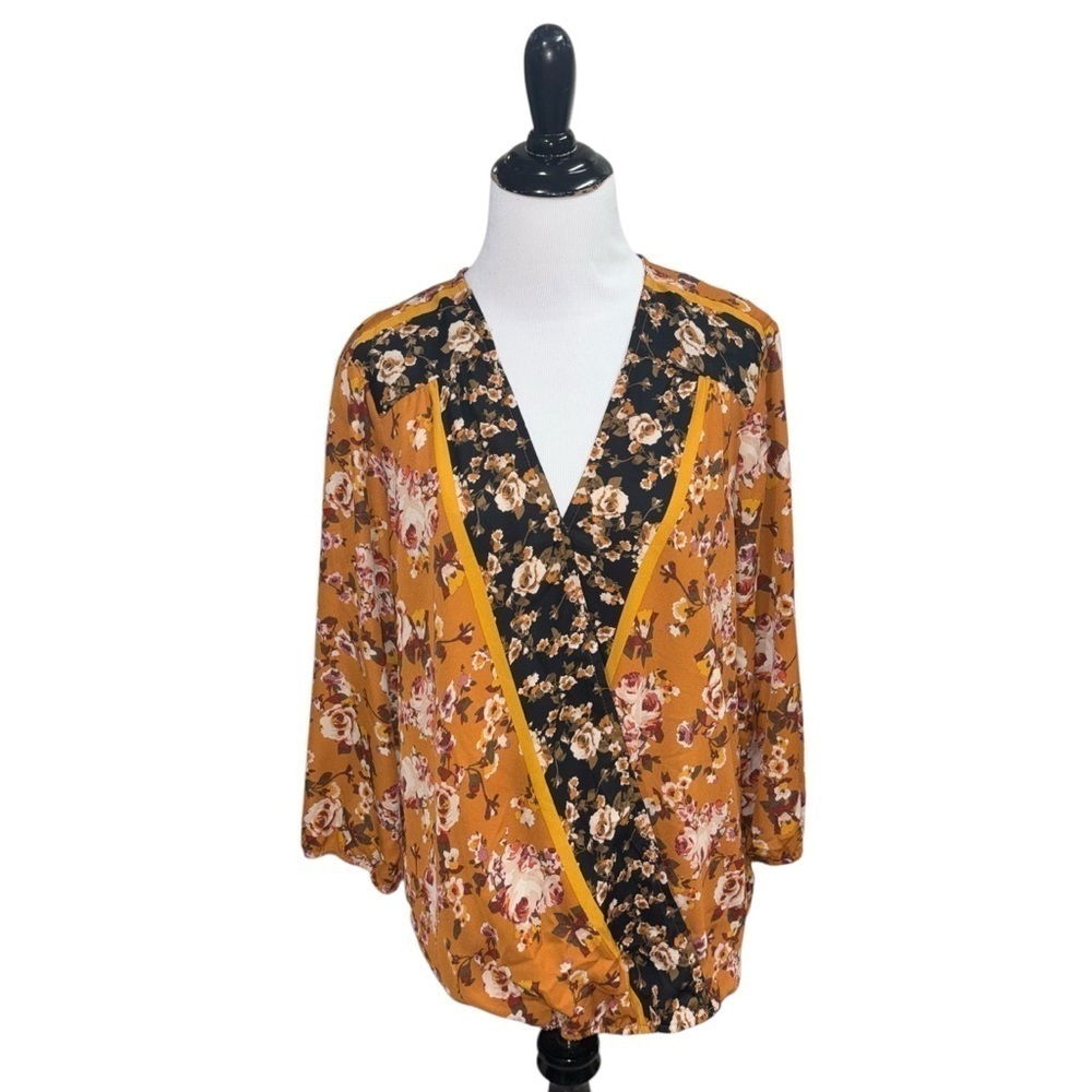 Zac & Rachel Women's L Large Faux Wrap Blouse Top Asian Inspired Cherry Blossom